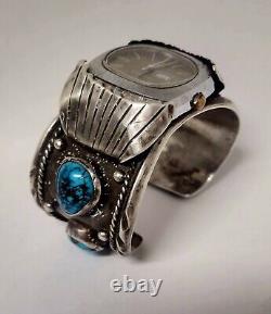 VTG Navajo Sterling Web Arizona Natural Turquoise Watch Cuff Heavy Bracelet