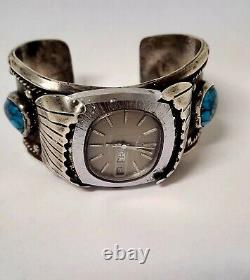 VTG Navajo Sterling Web Arizona Natural Turquoise Watch Cuff Heavy Bracelet