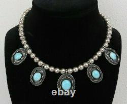 VTG Navajo desert pearls sterling bench bead blue turquoise shadown box necklace