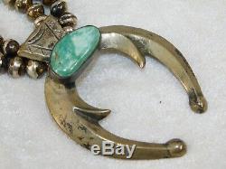 VTG PAWN Navajo Sterling Silver Turquoise Squash Blossom Bench Bead Necklace 26