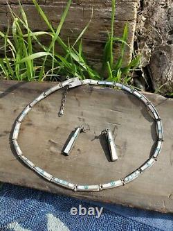 VTG Signed Calvin Begay Navajo Inlay Full Collar Link Necklace Earring Turquoise