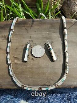 VTG Signed Calvin Begay Navajo Inlay Full Collar Link Necklace Earring Turquoise