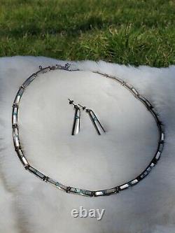 VTG Signed Calvin Begay Navajo Inlay Full Collar Link Necklace Earring Turquoise