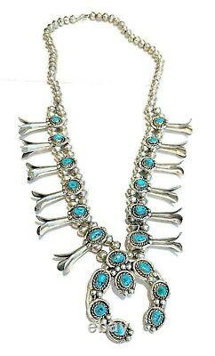 VTG Squash Blossom Necklace Sterling Silver Turquoise Nugget Old Pawn Navajo 24