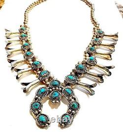 VTG Squash Blossom Necklace Sterling Silver Turquoise Nugget Old Pawn Navajo 24