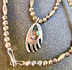 VTG Sterling Silver Navajo Pearls Bench Beads Turquoise Bear Paw Necklace 18