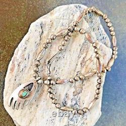 VTG Sterling Silver Navajo Pearls Bench Beads Turquoise Bear Paw Necklace 18