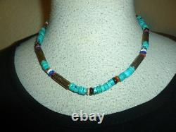 VTG Tommy Singer Navajo Heishi Beads SIGNED Necklace Sterling Barrels Turquoise