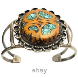 Very Rare Walnut Wood Inlay Vintage Navajo Turquoise Sterling Silver Bracelet