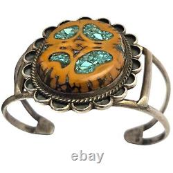 Very Rare Walnut Wood Inlay Vintage Navajo Turquoise Sterling Silver Bracelet