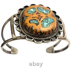 Very Rare Walnut Wood Inlay Vintage Navajo Turquoise Sterling Silver Bracelet