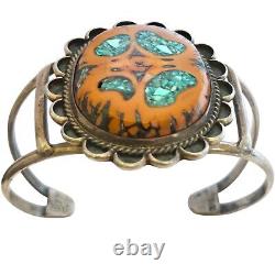 Very Rare Walnut Wood Inlay Vintage Navajo Turquoise Sterling Silver Bracelet