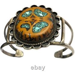 Very Rare Walnut Wood Inlay Vintage Navajo Turquoise Sterling Silver Bracelet