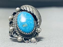 Vibrant Blue Turquoise Vintage Navajo Sterling Silver Leaf Ring Old