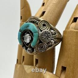 Vintage 12k Gold Filled Navajo Glen Willie Signed Turquoise Moon CZ Ring Size 12