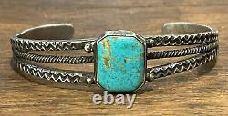 Vintage 1920's Navajo Stamped Silver Bracelet With Set Octagonal Turquoise Stone