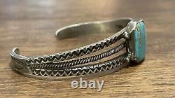 Vintage 1920's Navajo Stamped Silver Bracelet With Set Octagonal Turquoise Stone