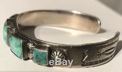 Vintage 1930's Navajo Indian Silver Square Turquoise Small Wrist Cuff Bracelet