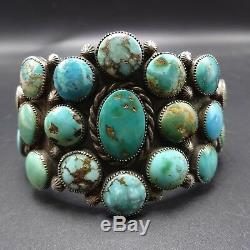 Vintage 1940s NAVAJO Sterling Silver TURQUOISE SAMPLER Cluster Cuff BRACELET 78g