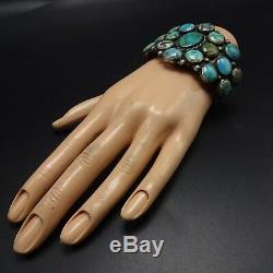 Vintage 1940s NAVAJO Sterling Silver TURQUOISE SAMPLER Cluster Cuff BRACELET 78g