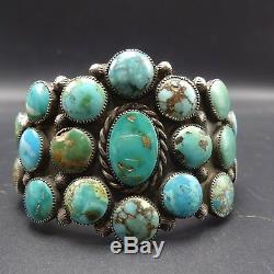 Vintage 1940s NAVAJO Sterling Silver TURQUOISE SAMPLER Cluster Cuff BRACELET 78g