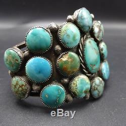 Vintage 1940s NAVAJO Sterling Silver TURQUOISE SAMPLER Cluster Cuff BRACELET 78g