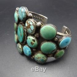 Vintage 1940s NAVAJO Sterling Silver TURQUOISE SAMPLER Cluster Cuff BRACELET 78g