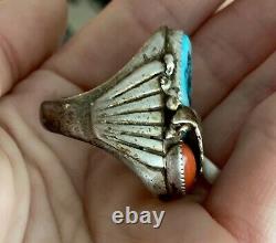 Vintage 1950's Navajo raw turquoise & coral sterling silver leaf ring size 12