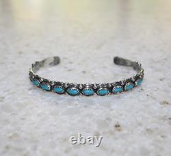 Vintage 1960's Navajo Signed Sterling Silver Turquoise Row Bracelet Cuff