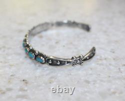 Vintage 1960's Navajo Signed Sterling Silver Turquoise Row Bracelet Cuff
