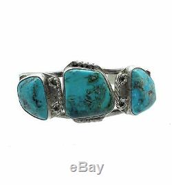 Vintage 1960's Navajo Sterling Silver Royston Turquoise Tri-Shank Cuff Bracelet