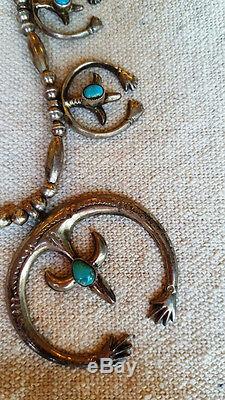 Vintage 1960s NAVAJO Sand Cast Silver Naja & Turquoise SQUASH BLOSSOM Necklace