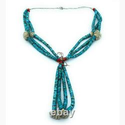 Vintage 1960s Navajo Turquoise Shell Heishi & Red Coral Jacla 3-Strand Necklace