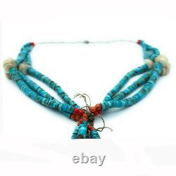 Vintage 1960s Navajo Turquoise Shell Heishi & Red Coral Jacla 3-Strand Necklace