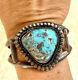 Vintage 1970s Navajo Sandcast Sterling Cuff Bracelet with Morenci Turquoise 49 gr