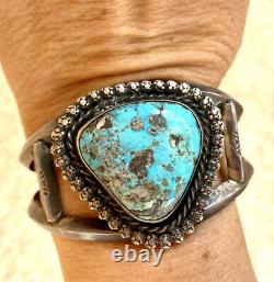 Vintage 1970s Navajo Sandcast Sterling Cuff Bracelet with Morenci Turquoise 49 gr