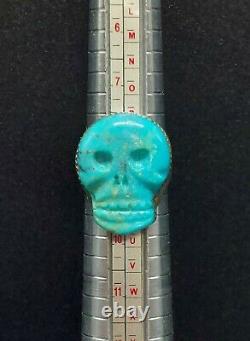 Vintage 1977 Sterling Silver Carved Turquoise Skull Ring Native Navajo Old Pawn