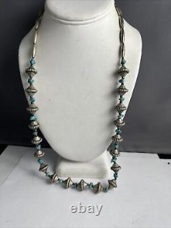 Vintage 26 Inch Silver Turquoise Navajo Necklace