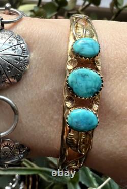 Vintage 3-STONE BLUE TURQUOISE CUFF BRACELET 1/20 12kgf Navajo Southwestern 6.5