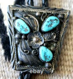 Vintage 3-STONE TURQUOISE + STERLING SILVER bolo squash blossom Navajo signed L