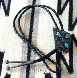 Vintage 3-STONE TURQUOISE + STERLING SILVER bolo squash blossom Navajo signed L