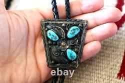 Vintage 3-STONE TURQUOISE + STERLING SILVER bolo squash blossom Navajo signed L