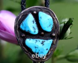 Vintage 3-stone BLUE TURQUOISE + STERLING BOLO TIE Southwestern Navajo old pawn