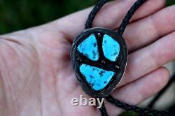 Vintage 3-stone BLUE TURQUOISE + STERLING BOLO TIE Southwestern Navajo old pawn