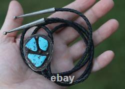 Vintage 3-stone BLUE TURQUOISE + STERLING BOLO TIE Southwestern Navajo old pawn