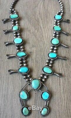 Vintage (5.72 Oz.) 26 Long Navajo Turquoise & Sterling Squash Blossom Necklace