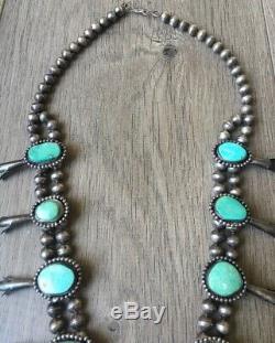 Vintage (5.72 Oz.) 26 Long Navajo Turquoise & Sterling Squash Blossom Necklace