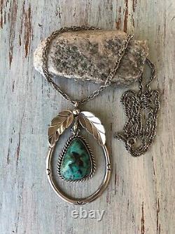 Vintage 60s 70s Navajo Sterling Silver Royston Turquoise Stone Pendant Necklace
