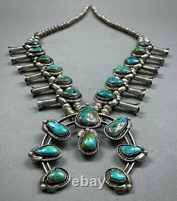 Vintage 70s Navajo Sterling Silver Royston Turquoise Squash Blossom Necklace