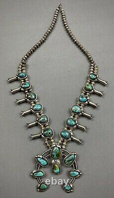 Vintage 70s Navajo Sterling Silver Royston Turquoise Squash Blossom Necklace